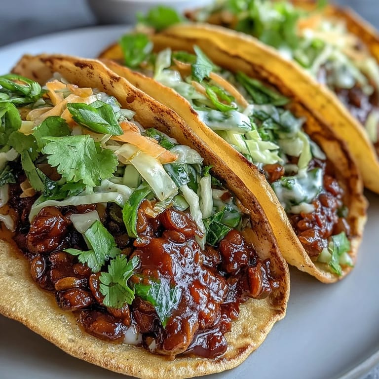 Assembled Vegan BBQ Lentil Tacos on a plate, ready to serve with lime wedges and avocado.