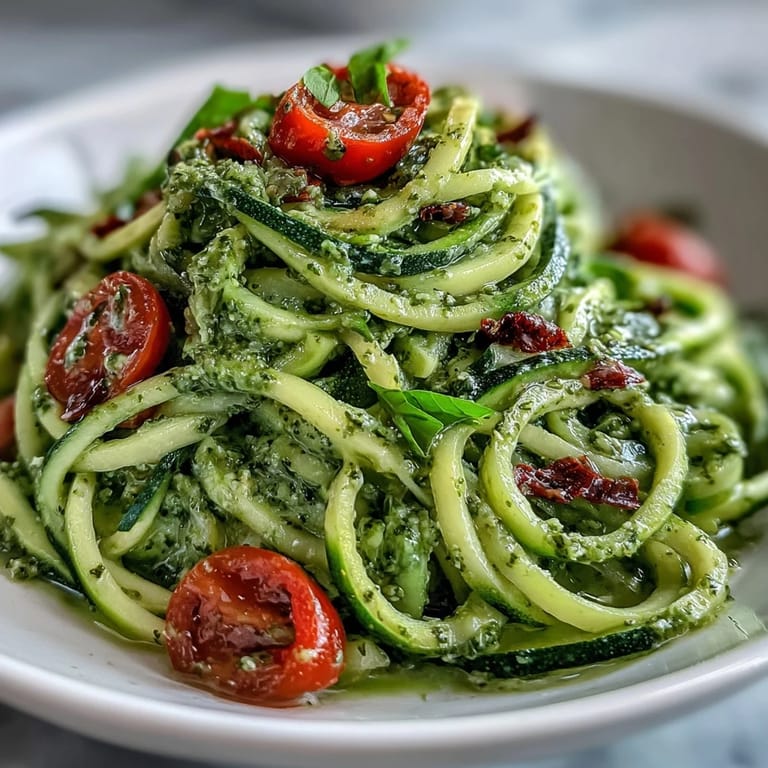 Enjoy Vegan Pumpkin Seed Pesto Zucchini Noodles, spirals tossed in herby green sauce topped with cherry tomatoes and basil for a vibrant bite.