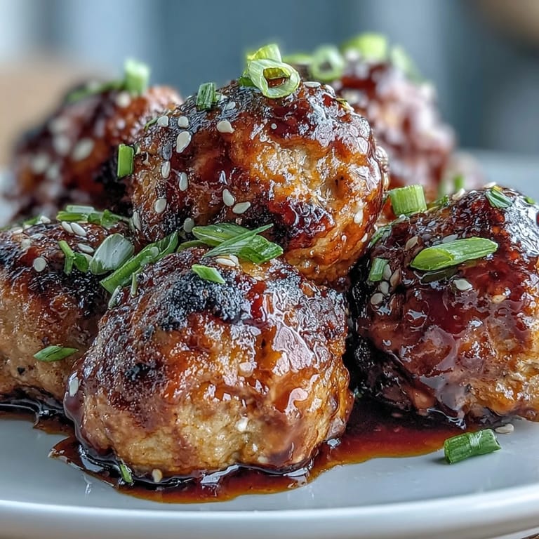 Oven-baked turkey meatballs coated in a sticky honey-sriracha glaze, garnished with sliced green onions.  