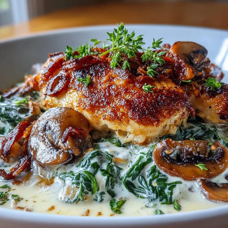 Creamy, low-carb chicken skillet featuring juicy chicken, earthy mushrooms, and vibrant spinach simmered in a luscious, cheesy sauce.