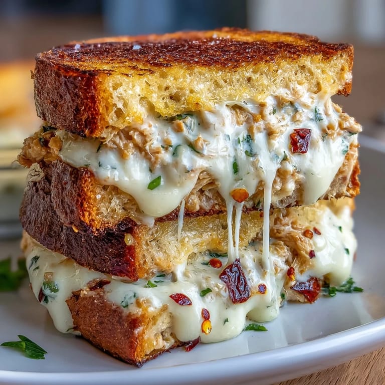A vibrant tuna melt sandwich with spicy Calabrian chili peppers, creamy tuna salad, and melted cheese on toasted sourdough.