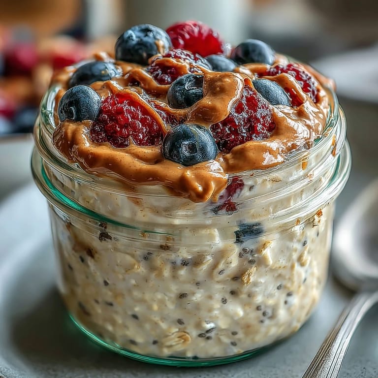 No-cook overnight oats layered with vibrant berries, almond butter drizzle, and crunchy sliced almonds for texture.