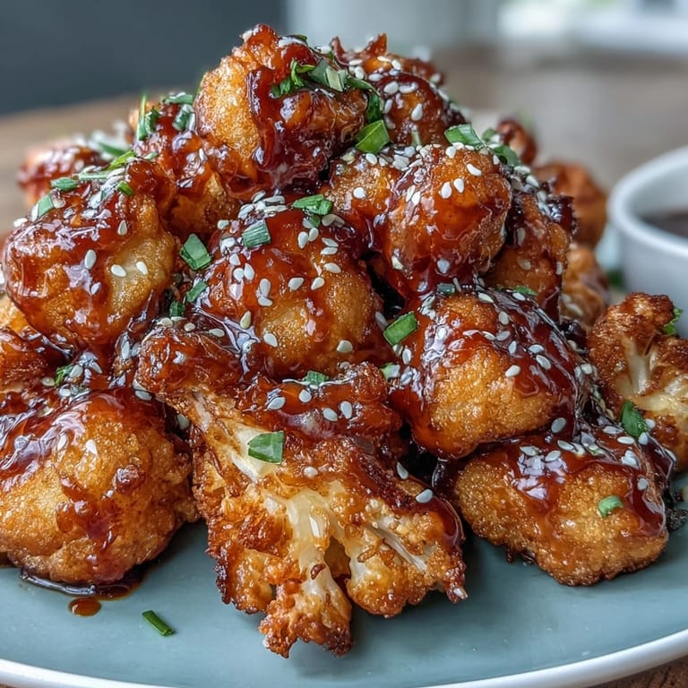 Golden battered cauliflower bites tossed in tangy General Tso's sauce, served hot with a sprinkle of toasted sesame seeds and fresh green onions.