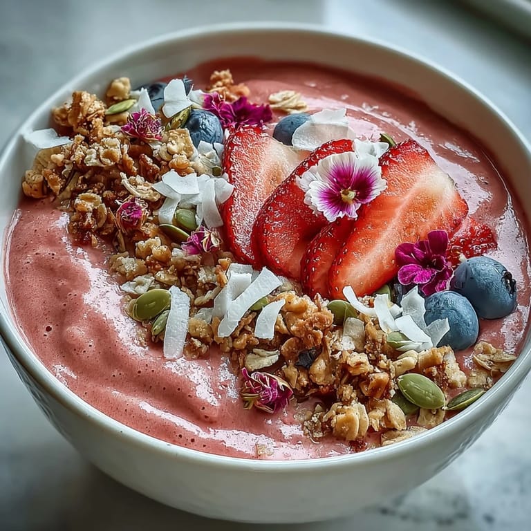 Creamy strawberry smoothie bowl topped with crunchy granola, sliced strawberries, and edible flowers, perfect for sharing with friends.