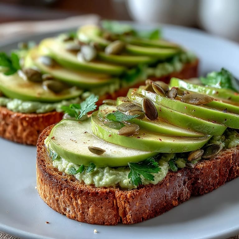 Creamy avocado spread on whole grain toast with crisp green apple slices and nutty pumpkin seeds.