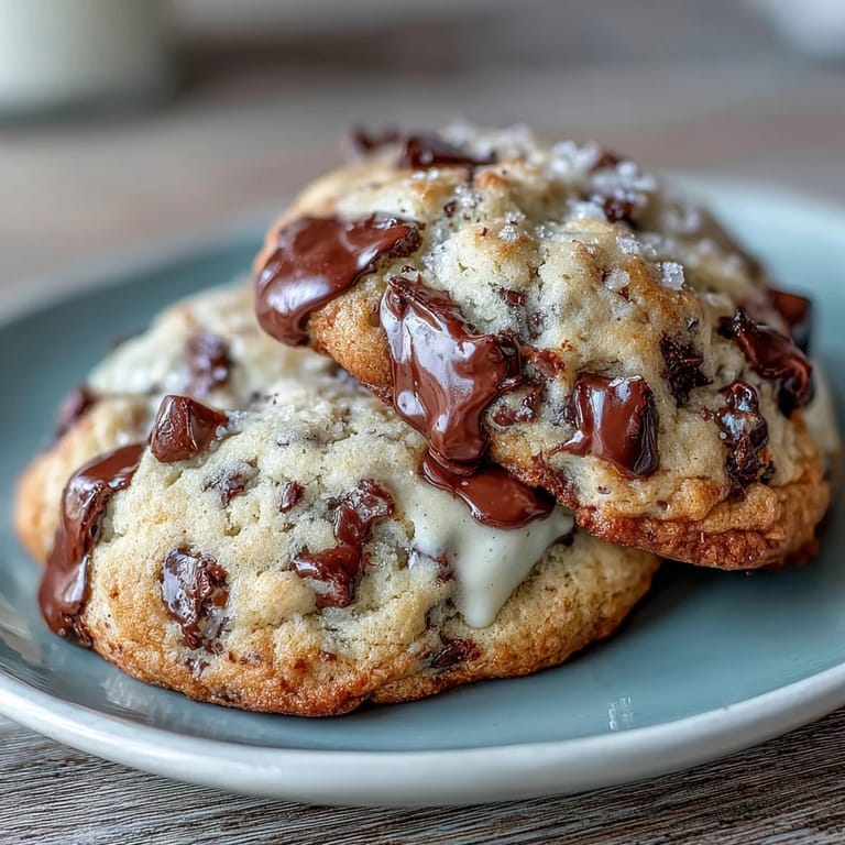 Homemade cottage cheese chocolate chip cookies stacked on a cooling rack, showcasing their tender crumb and rich chocolate pockets.