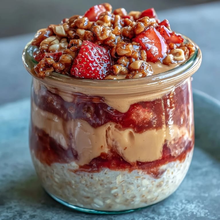 Strawberry jam and peanut butter layered in oats, topped with fresh strawberries and chopped peanuts for extra crunch.