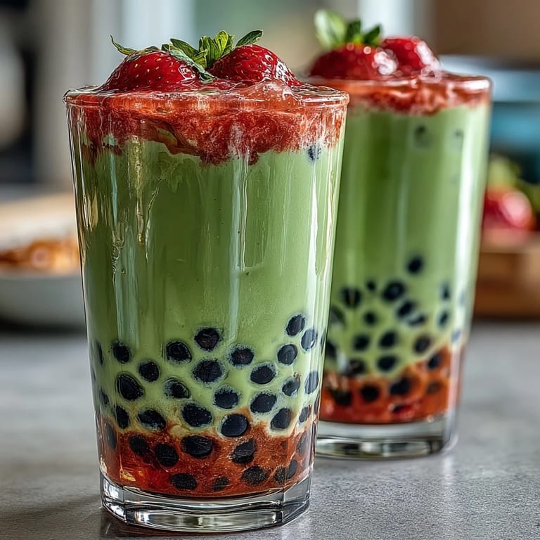 Layered strawberry matcha boba drink combining fresh strawberry purée, frothy matcha milk, and boba pearls for a colorful, satisfying treat.