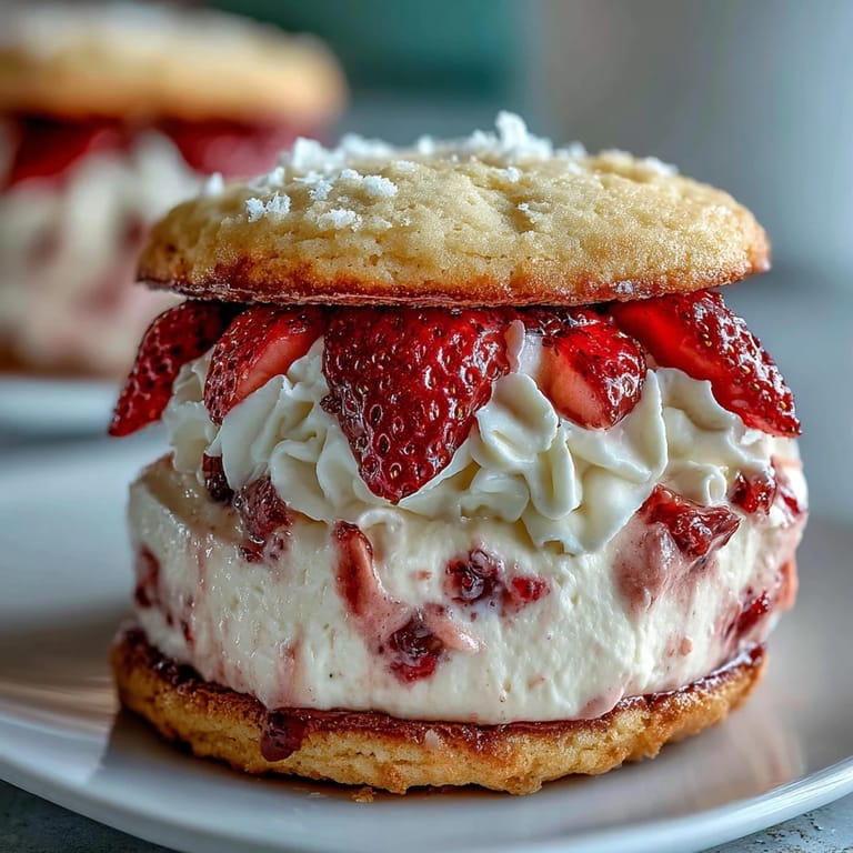 Strawberry Shortcake Cookies with Cream Filling: Soft, tender cookies bursting with fresh strawberries and creamy vanilla filling, perfect for summer gatherings.  