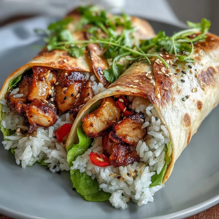 Colorful pineapple chicken and rice lettuce wraps served with red bell pepper, fresh herbs, and sesame seeds for a vibrant meal.  