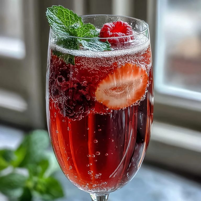 Vibrant strawberry citrus mocktail in a champagne flute, topped with sparkling water for a bubbly, alcohol-free brunch drink.