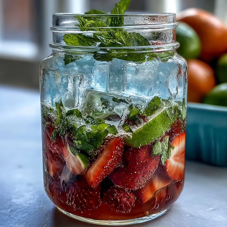 Alcohol-free mojito pitcher with muddled mint, lime, and spring fruits, a crowd-pleasing beverage for festive occasions.
