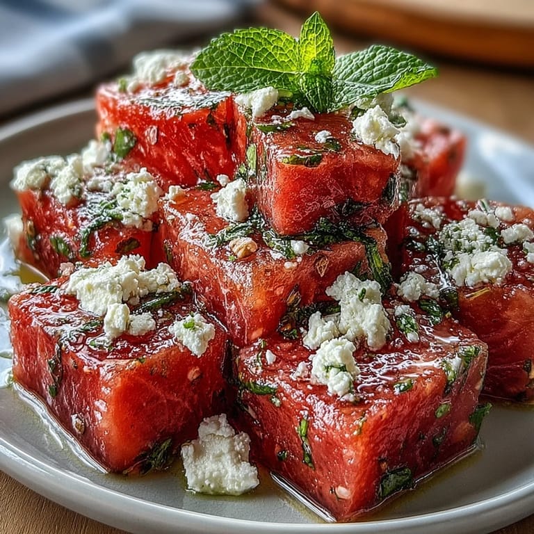 Watermelon Feta Skewers with Mint: refreshing snack featuring ripe watermelon, savory feta, and bright mint, finished with balsamic glaze.