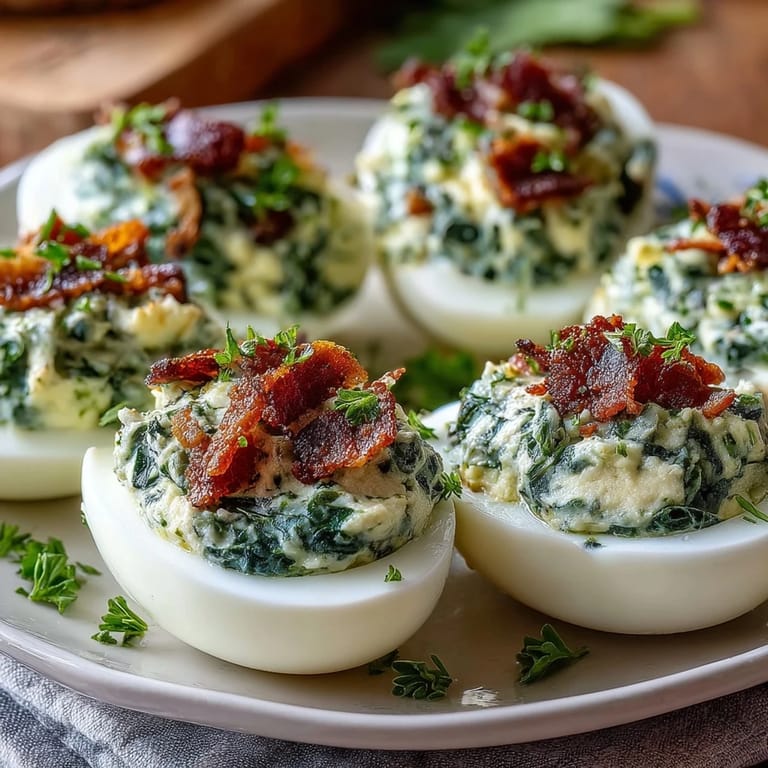 Green Eggs and Ham Deviled Eggs with Spinach Filling: playful appetizer featuring smooth spinach yolk filling in egg whites, finished with crunchy ham bits.