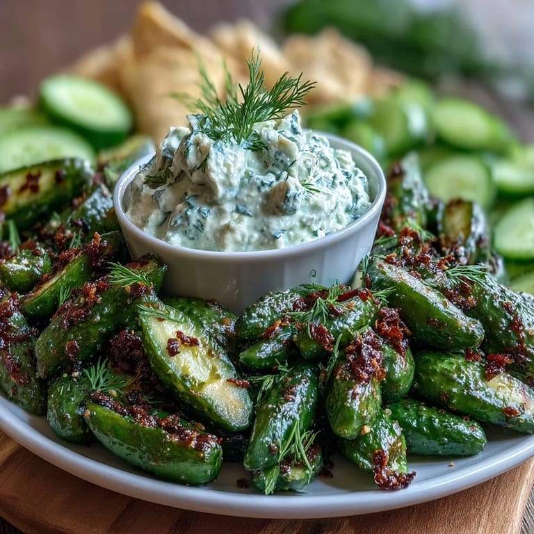 Fresh vegetable platter featuring crisp cucumber slices, snap peas, and bell pepper with a rich avocado ranch dip.