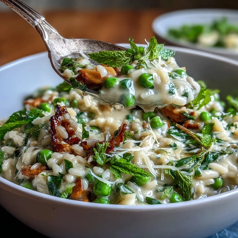 Velvety risotto studded with sweet peas and bright mint, finished with Parmesan for a luxurious spring dinner party centerpiece.  