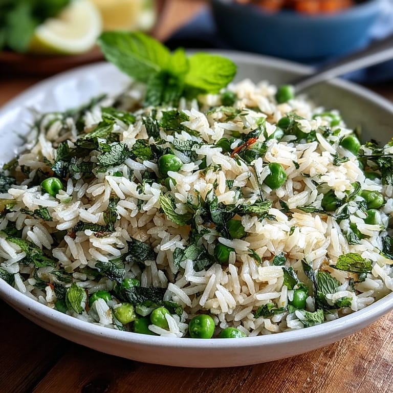 Spring pea and mint rice pilaf served warm with lemon wedges for a bright, fresh side dish.  