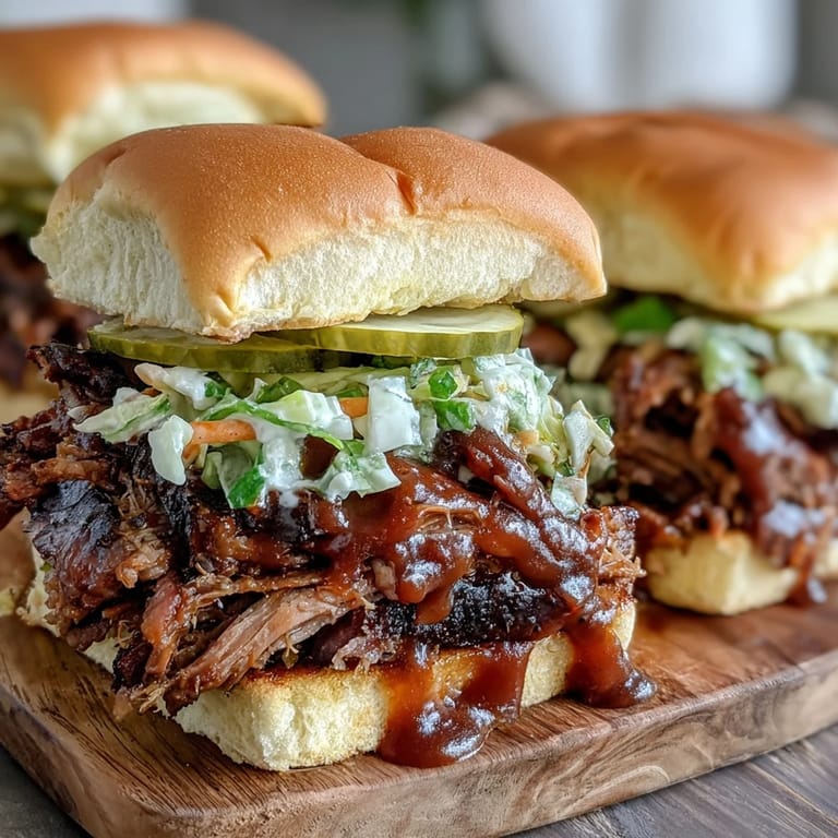 Smoky beef brisket piled high on slider buns, topped with crunchy cabbage slaw and rich BBQ sauce for a flavor-packed bite.