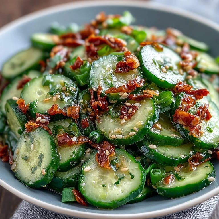 Asian Cucumber Salad with Sesame and Rice Vinegar: Cool cucumbers tossed with sesame oil, ginger, and garlic, finished with cilantro and sesame seeds.