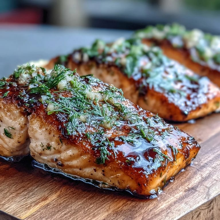 Grilled Cedar Plank Salmon with Garlic Dill, garnished with fresh dill and lemon slices for a fragrant, summer-ready main dish.