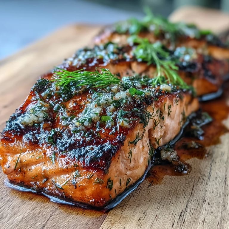 Cedar Plank Salmon with Garlic Dill, flaky and moist from cedar grilling, topped with vibrant herbs and a citrusy finish.