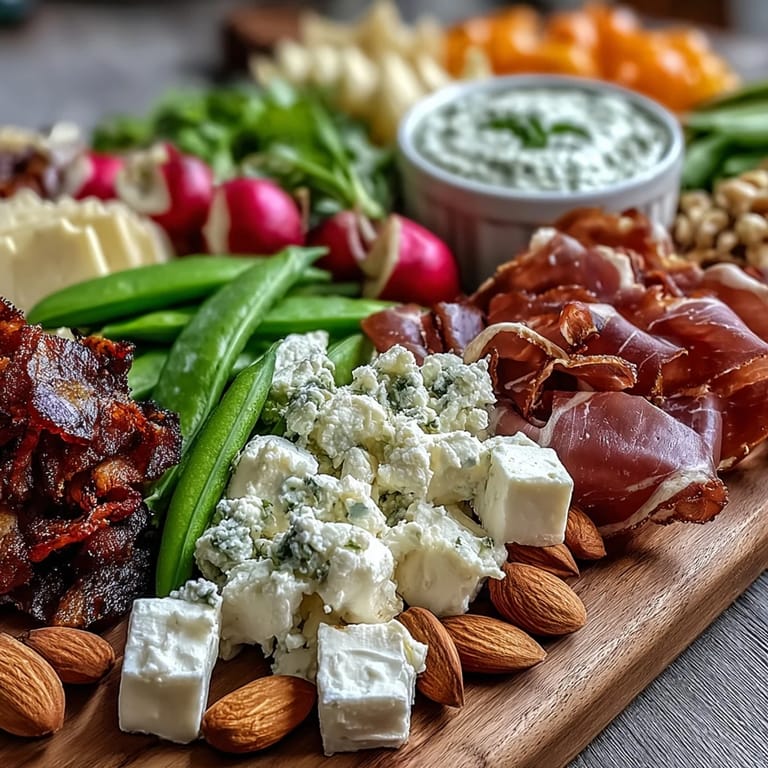Elegant spring charcuterie board with radishes, peas, and herb dip—an inviting mix of crisp veggies, cheeses, and savory meats for a light appetizer.