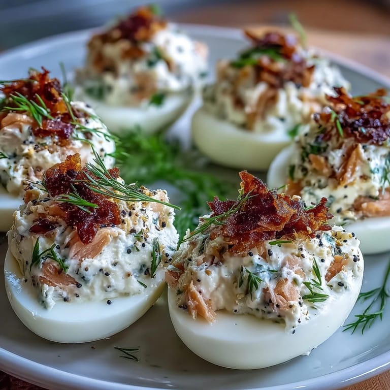 Rich deviled eggs with smoked salmon and tangy lemon, finished with everything bagel seasoning for a flavorful bite.