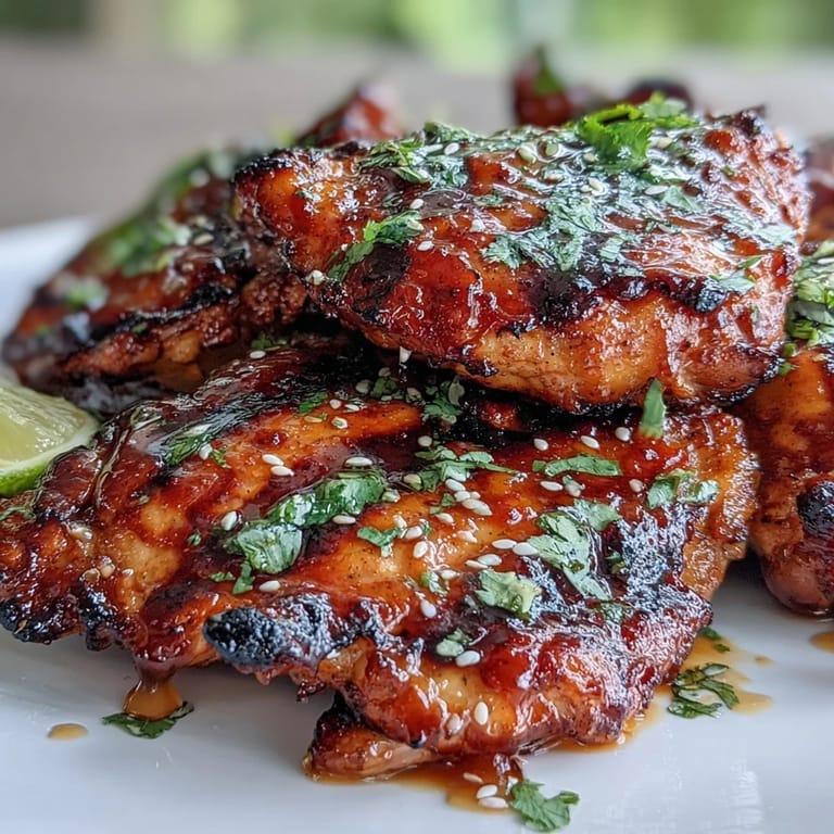 Close-up of honey sriracha marinated chicken thighs sizzling on the grill, with a glossy, caramelized finish.