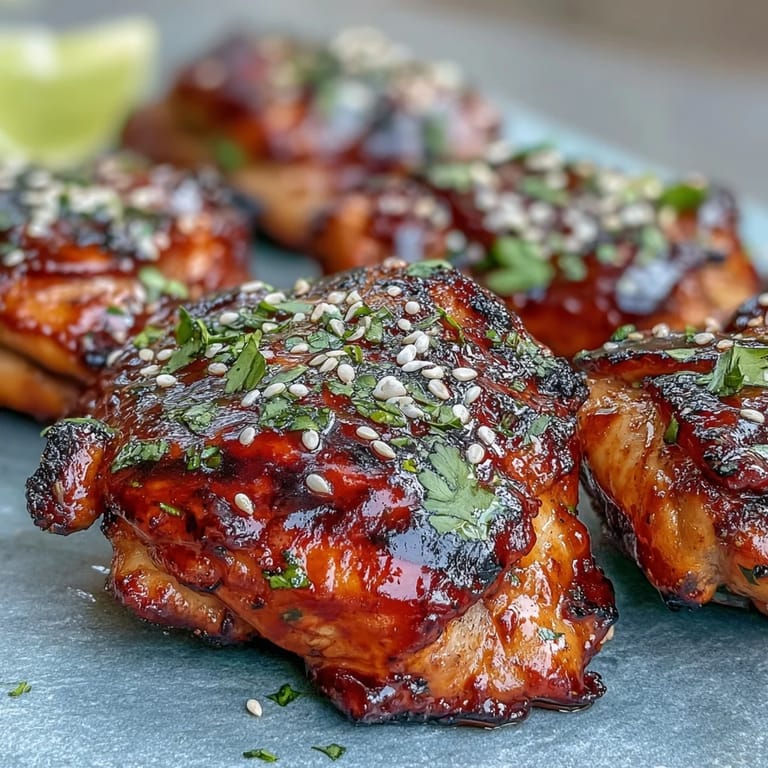 Grilled honey sriracha chicken thighs served on a platter, garnished with fresh cilantro and sesame seeds for extra flavor.