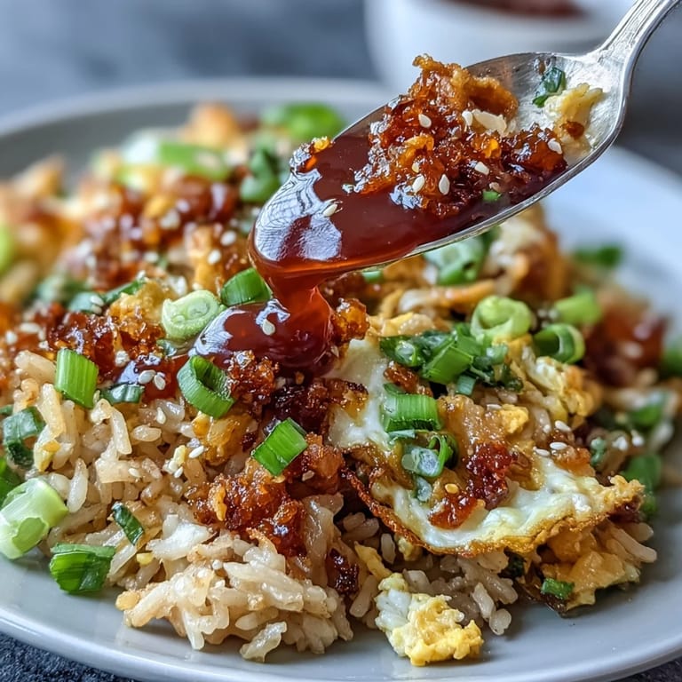 Spicy Chili Crisp Egg Fried Rice featuring crispy chili oil, vibrant scallions, and perfectly scrambled eggs.