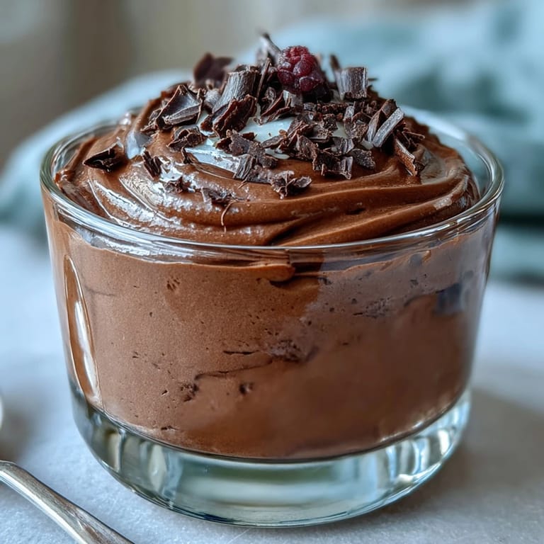 Decadent chocolate mousse using cottage cheese for extra protein, topped with fresh berries for a healthy indulgence.