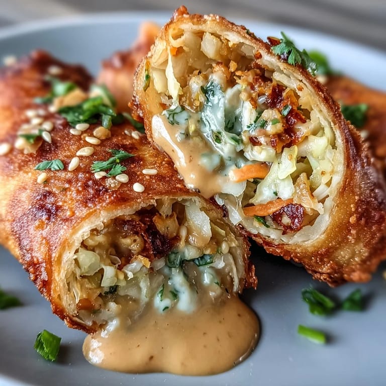Vegetable and noodle-filled spring rolls, deep-fried until golden, paired with a rich, slightly spicy peanut sauce for dipping. Ideal party finger food.