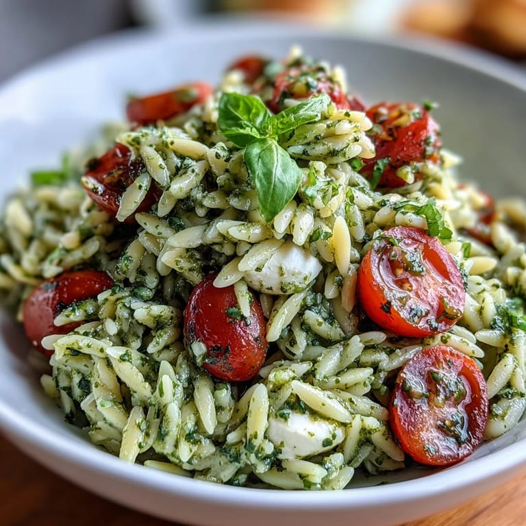 Creamy mozzarella and vibrant basil pesto coat tender orzo pasta in this refreshing make-ahead salad.  