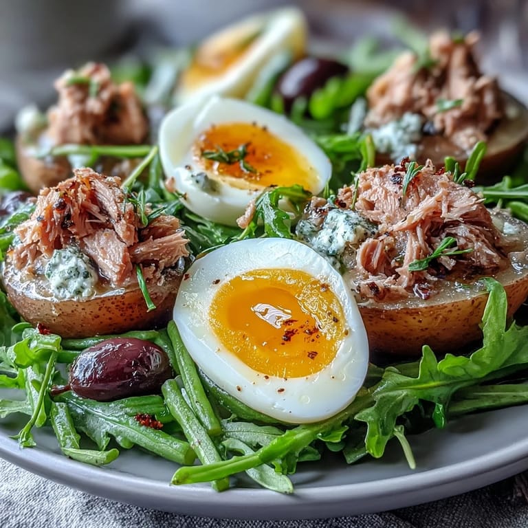 Colorful Spring Niçoise Salad featuring mixed greens, tender potatoes, green beans, and halved eggs, topped with tangy dressing.