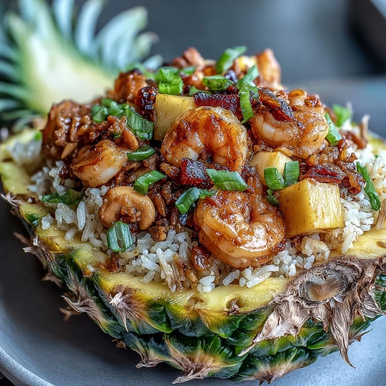 Thai pineapple fried rice with juicy fruit, jasmine rice, and fresh cilantro garnish.