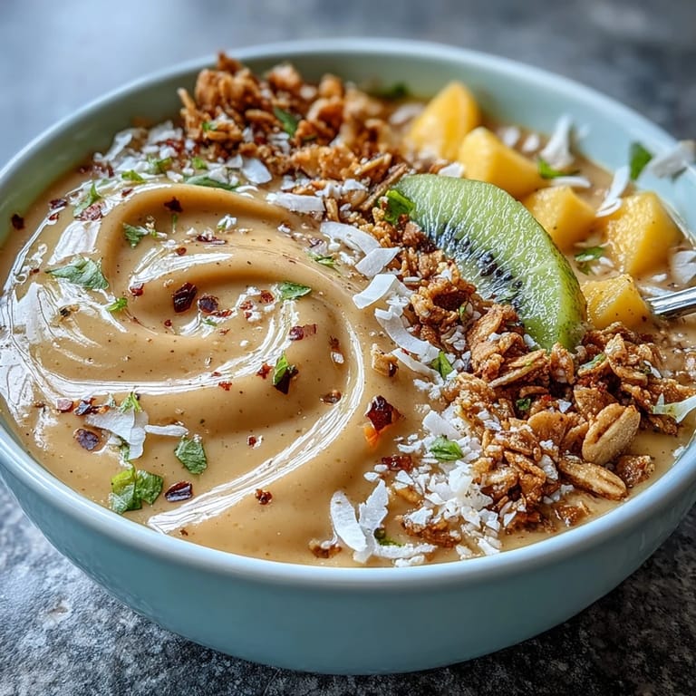 Creamy mango chili lime smoothie bowl, brightened with citrus and a chili kick.