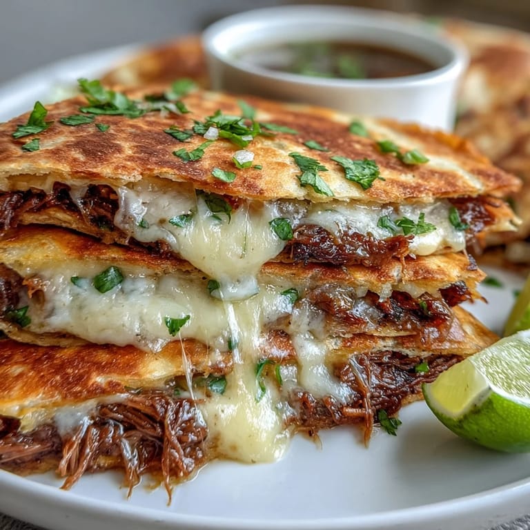 Crispy Cinco de Mayo Birria Quesadillas, generously filled and served with savory broth.