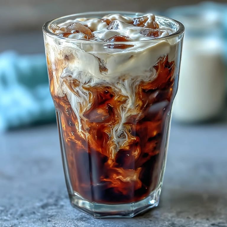 Creamy vanilla sweet cream floats atop rich cold brew coffee, perfect for sipping.