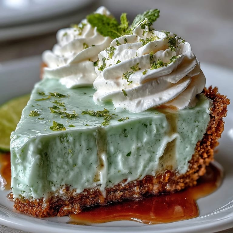 A chilled slice of no-bake key lime pie, topped with fluffy whipped cream.