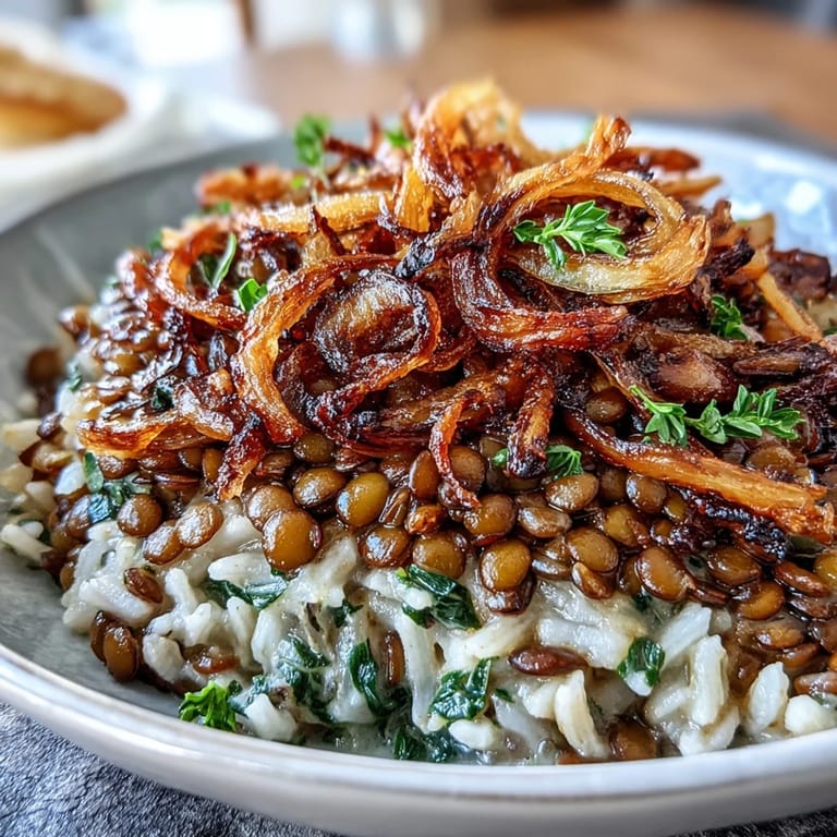 Comforting Levantine Mujadara featuring fluffy rice and tender lentils.