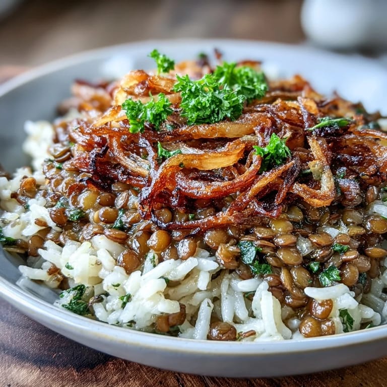 Hearty Levantine Mujadara recipe topped with golden, crunchy fried onions.