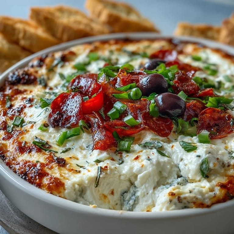 Warm cottage cheese pizza dip with vibrant veggie toppings, ready for serving with crackers.
