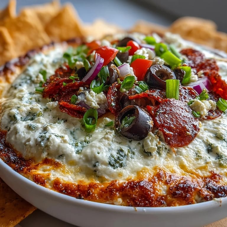 A delicious cottage cheese pizza dip, golden brown and perfect for dipping party guests.