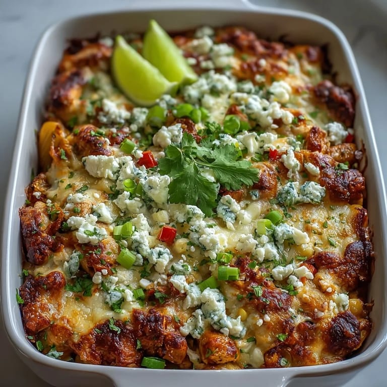 Golden brown Street Corn Chicken Pasta Bake, a cheesy delight with vibrant cilantro garnish.