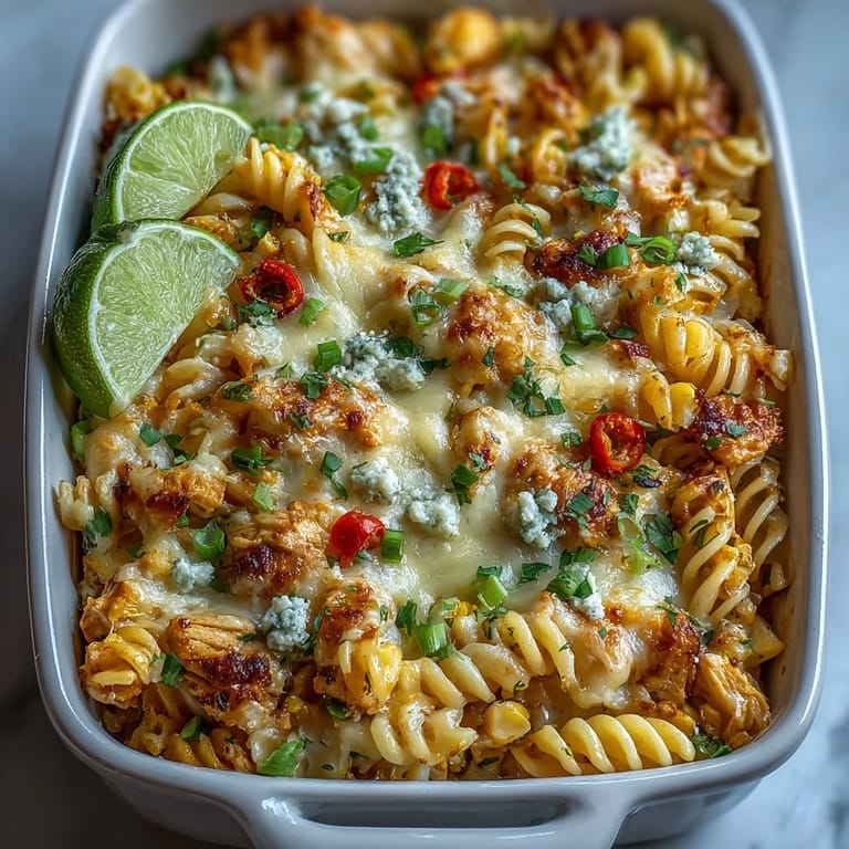 Comforting Street Corn Chicken Pasta Bake, featuring tender chicken and sweet corn kernels.