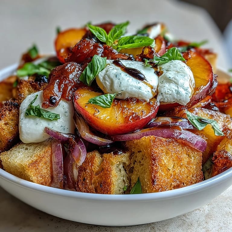 Juicy peaches meet creamy burrata in this delicious Peach Burrata Panzanella salad.
