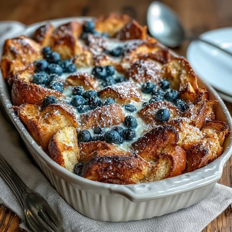 Brunch-ready Lemon Blueberry Croissant French Toast Bake, glistening with a sprinkle of sugar.