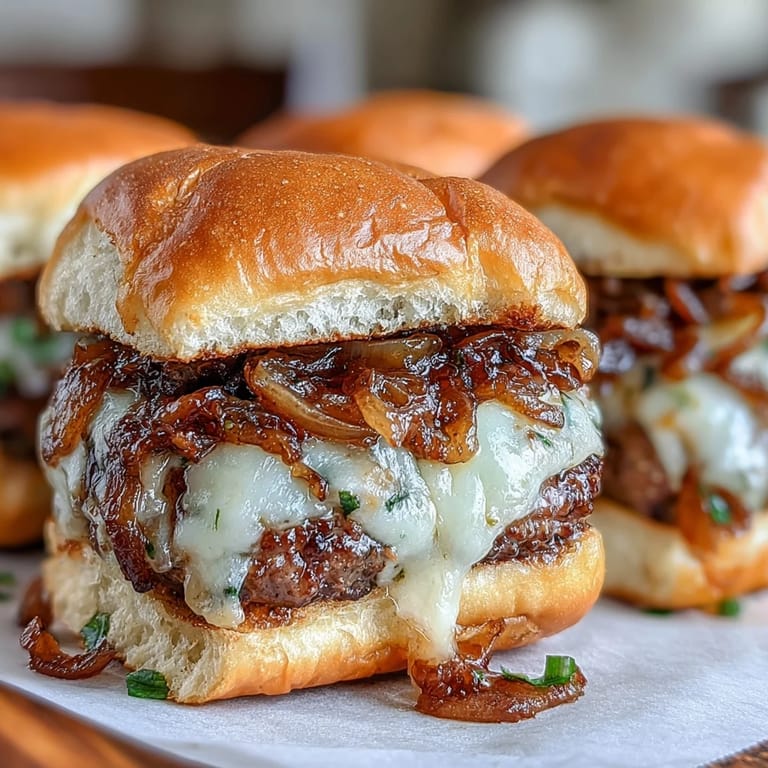 Juicy smash burgers topped with sweet caramelized onions on toasted slider buns.