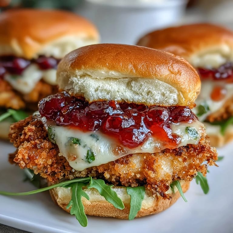 Festive sliders piled high with juicy chicken, sweet cranberries, and creamy brie.