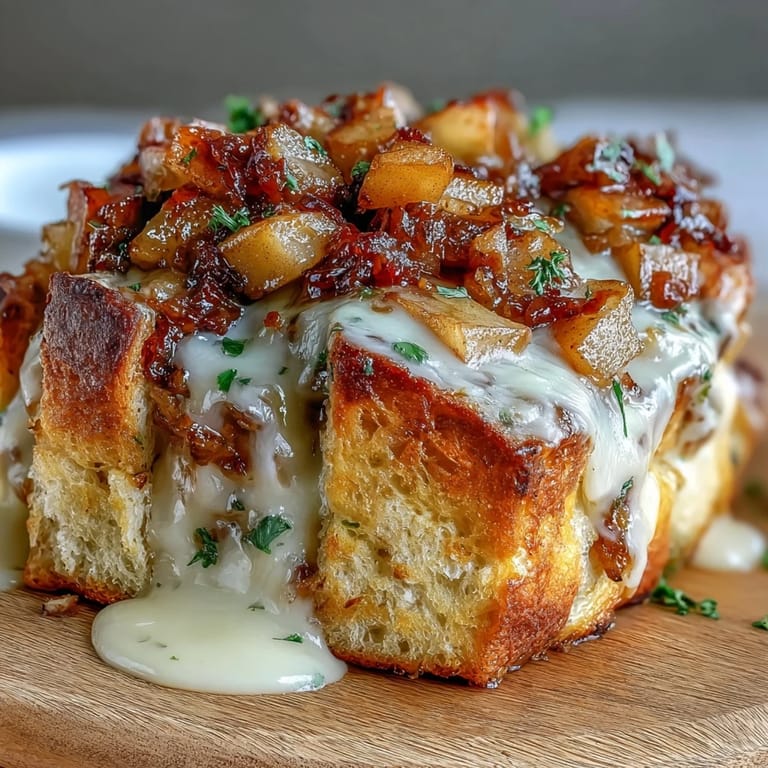 Warm Apple Pie Baked Brie Pull-Apart Bread, a sweet and savory appetizer.